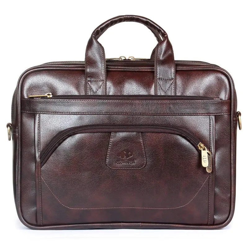15.6 inch Laptop Messenger Bag - Water Resistant Vegan Leather | Adjustable Strap | 11 Litres | Dark Brown