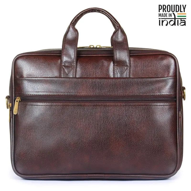 15.6 inch Laptop Messenger Bag - Water Resistant Vegan Leather | Adjustable Strap | 11 Litres | Dark Brown