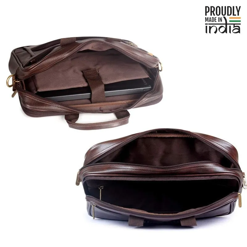15.6 inch Laptop Messenger Bag - Water Resistant Vegan Leather | Adjustable Strap | 11 Litres | Dark Brown