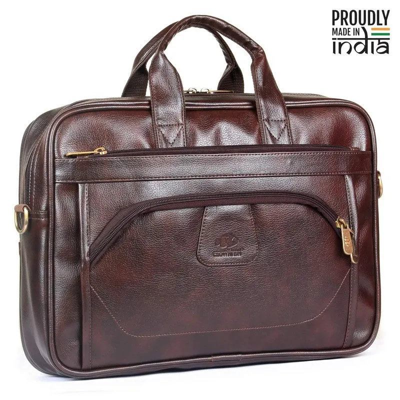 15.6 inch Laptop Messenger Bag - Water Resistant Vegan Leather | Adjustable Strap | 11 Litres | Dark Brown