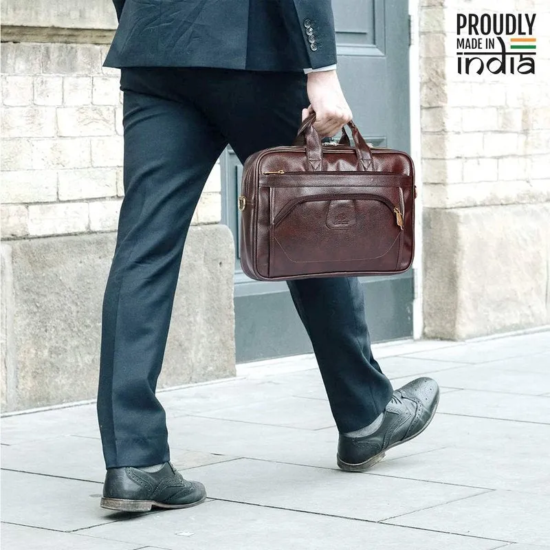 15.6 inch Laptop Messenger Bag - Water Resistant Vegan Leather | Adjustable Strap | 11 Litres | Dark Brown