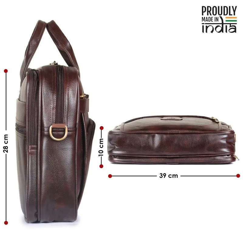 15.6 inch Laptop Messenger Bag - Water Resistant Vegan Leather | Adjustable Strap | 11 Litres | Dark Brown