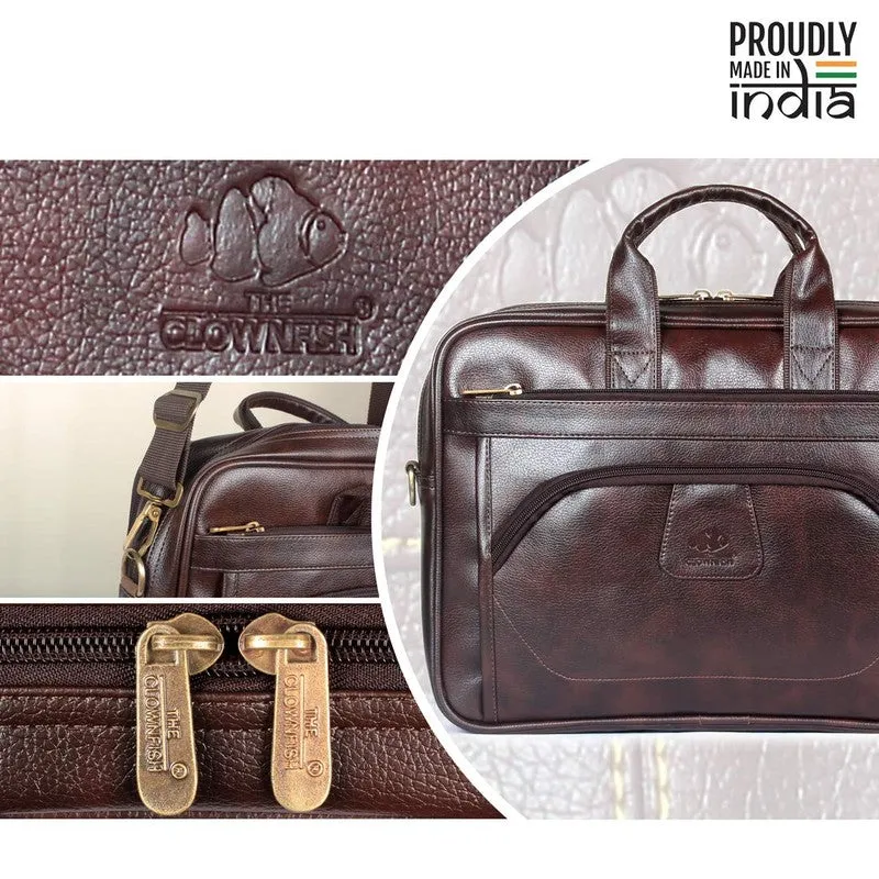 15.6 inch Laptop Messenger Bag - Water Resistant Vegan Leather | Adjustable Strap | 11 Litres | Dark Brown