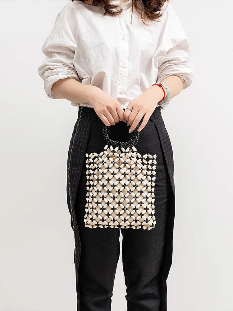 Block Wooden Bead Woven Tote Bag