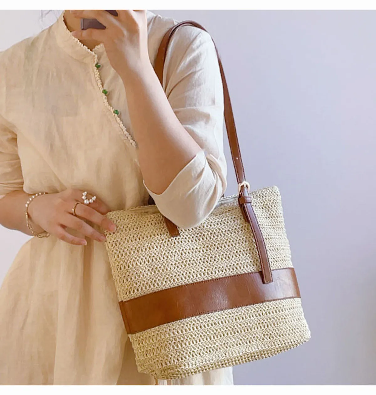 Elena Handbags Straw Woven Tote Shoulder Bag