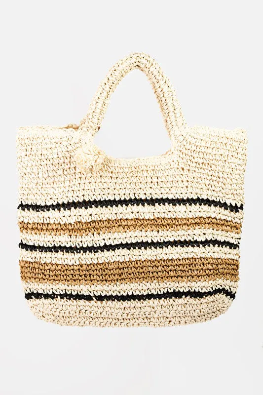 Ivory Striped Woven Straw Braided Summer Tote Bag