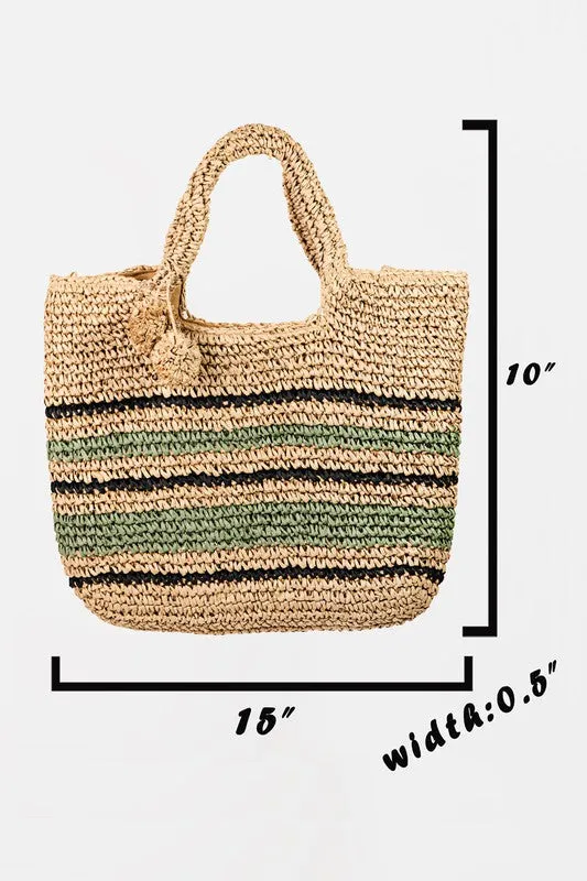 Ivory Striped Woven Straw Braided Summer Tote Bag