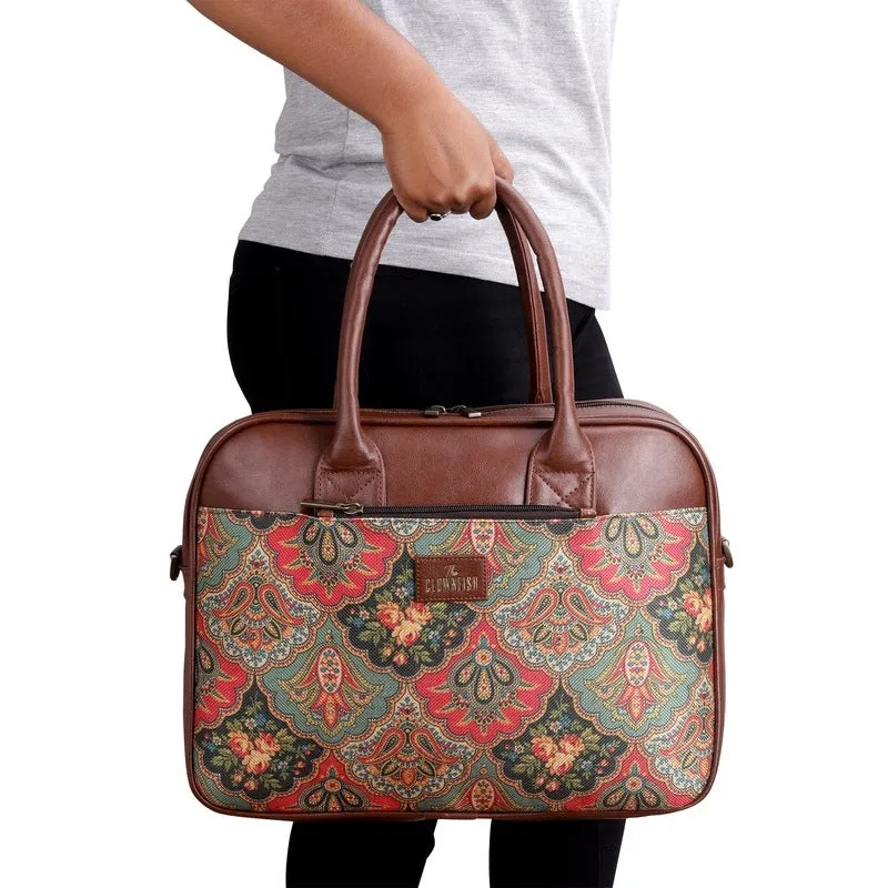 THE CLOWNFISH Deborah series 15.6 inch Laptop Bag For Women Printed Handicraft Fabric & Faux Leather Office Bag Briefcase Messenger Sling Handbag Business Bag (Dark Pink)